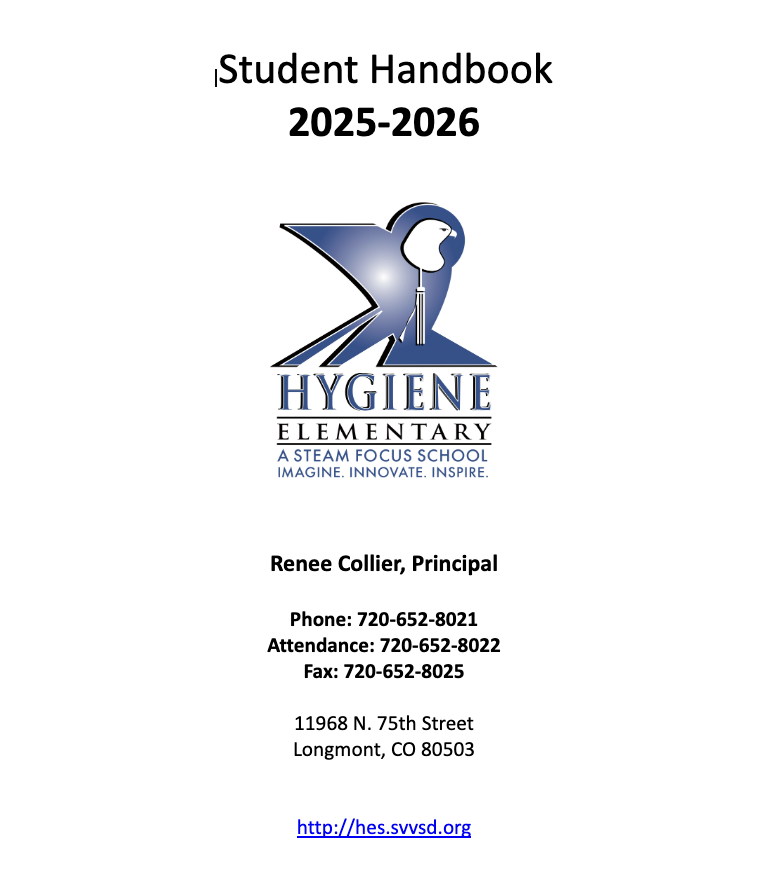 Cover of the Hygiene Elementary Student Handbook for 2025-2026, with contact details and principal's name.